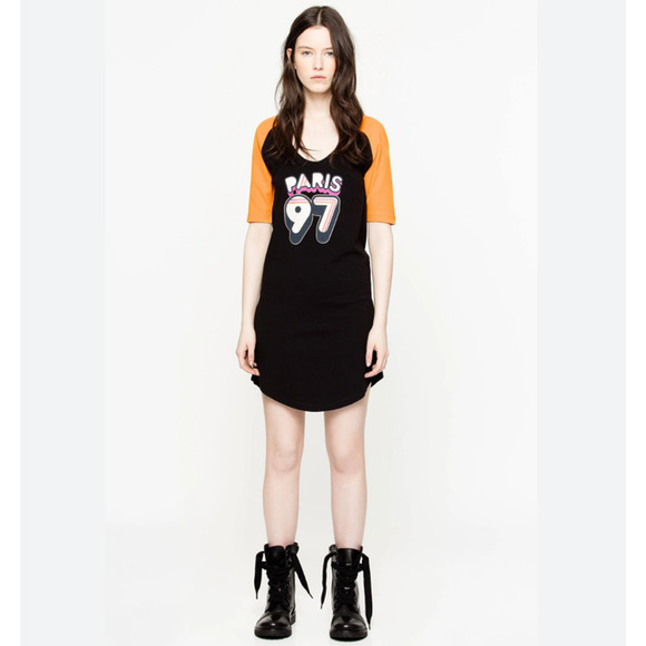 ZADIG & VOLTAIRE Rachelle Dress Womens XS Black Orange Raglan T-shirt Scoop Neck - Picture 1 of 15
